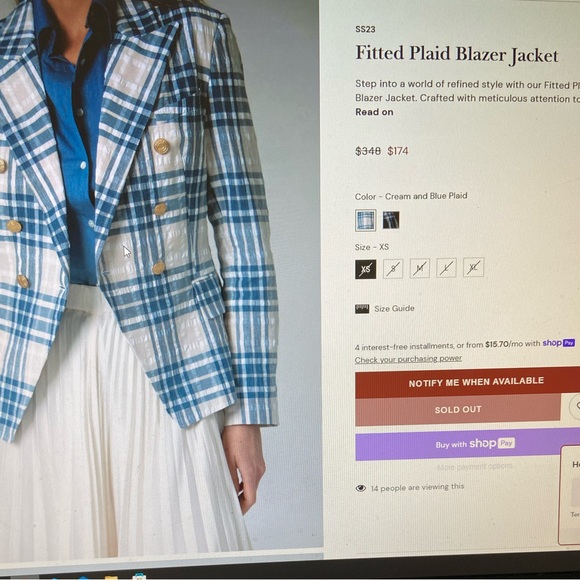 Olivvi NWT Cream and Blue Fitted Plaid Blazer  Jacket ,Gold Logo Button ,Size L - Picture 13 of 13